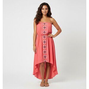 NWT Coral Embroidered Print High-Low Hem Cinched Waist Strapless Boho Midi Dress